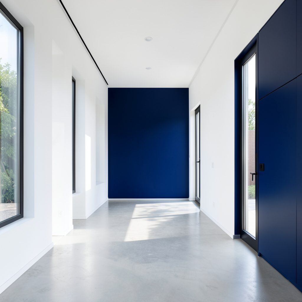 Bright interior space with white walls and navy accents, clean architectural symmetry